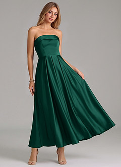 Azazie Lucienne 신부 들러리 드레스 A라인 주름진 스트레치 새틴 발목 길이 드레스 image7