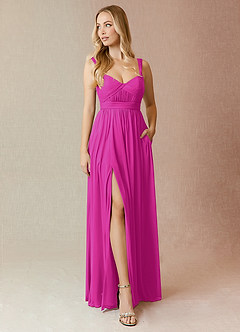 Azazie Reniya Bridesmaid Dresses Fuchsia A-Line Pleated Mesh Convertible Dress image1