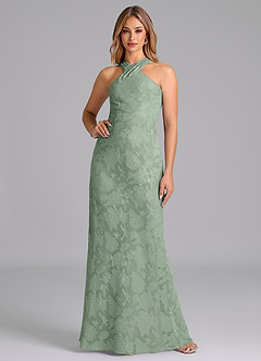 Azazie Doretta Robes de demoiselle d'honneur Robe Sirène en Blumen-Burnout Plissée Matcha image1