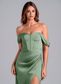 Azazie Asha Vestidos de damas de honor Vestido de Matcha de Satén Elástico de Corte Recto Convertible con Vestidos sin tirantes image5