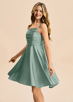 Azazie Miko Junior Silver Sage A-Line Pleated Stretch Satin Dress image7