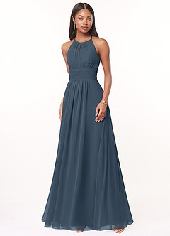 Azazie Bonnie Brautjungfernkleider A-Linie Schlüsselloch Gerüscht Chiffon Kleid Neptunblau image1
