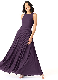 Azazie Lindie Bridesmaid Dresses Plum A-Line Scoop Pleated Chiffon Dress image3