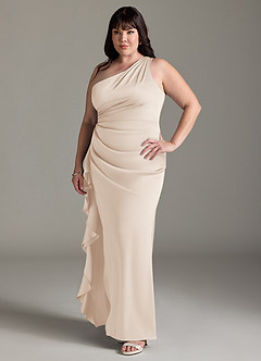 Azazie Latrice Bridesmaid Dresses White Alabaster Sheath One Shoulder Cascading Ruffles Stretch Satin Dress image8