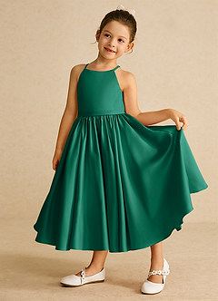 Azazie Sunray Flower Girl Dresses Emerald A-Line Spaghetti Strap Matte Satin Dress image3