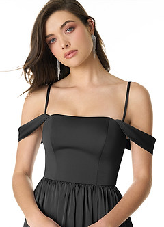 Azazie Morana Vestidos de damas de honor Vestido de Negro de Satén Elástico de Corte en A Convertible con Vestidos sin tirantes image6