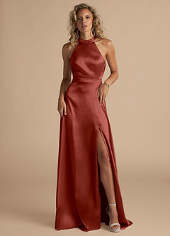Azazie Clarice Bridesmaid Dresses Terracotta A-Line High Neck Metallic Satin Dress image4