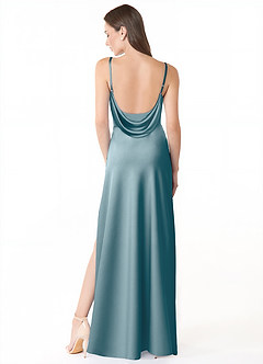 Azazie Alaija Vestidos de damas de honor Vestido de Azul Malhumorado de Satén Elástico de Corte Sirena con Corte Lateral image4