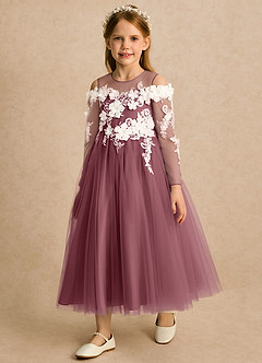 Azazie Lilah Robe Demoiselle D'honneur Fillette Robe Trapèze en Tulle Dentelle Rose Du Désert image5