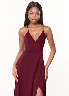 Azazie Maksim Brautjungfernkleider A-Linie V-Hals Stretch-Satin Kleid Maulbeerrot image5