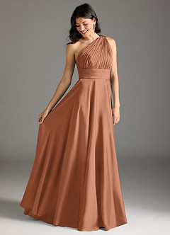 Azazie Charlize Bridesmaid Dresses Bronzer A-Line One Shoulder Stretch Satin Dress image2