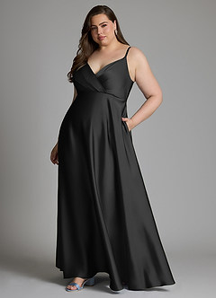 Azazie Amani Vestidos de damas de honor Vestido Negro de Satén Elástico de Línea A con Plisado image10