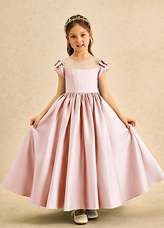 Azazie Toffee Flower Girl Dresses Blushing Pink Ball-Gown Bow Matte Satin Dress image2