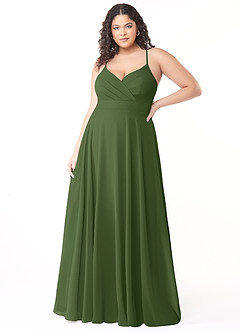 Azazie Avelina Robes de demoiselle d'honneur Robe Trapèze en Mousseline de soie Col V plissé Olive image6