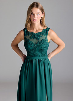 Azazie Elly Bridesmaid Dresses Peacock A-Line Lace Stretch Satin Dress image5