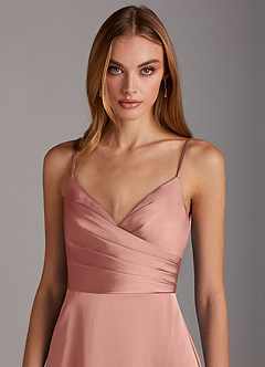 Azazie Calissa Bridesmaid Dresses Rosette A-Line V-Neck Pleated Stretch Satin Dress image5