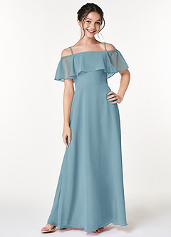 Azazie Maggie Junior Moody Blue A-Line Off the Shoulder Chiffon Dress image3