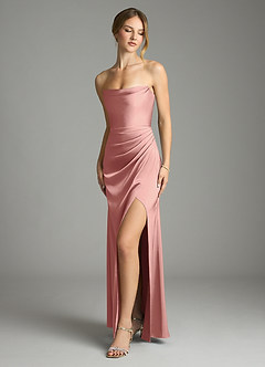 Azazie Leonis Bridesmaid Dresses Rosette Mermaid Pleated Stretch Satin Convertible Dress image1