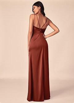 Azazie Aqua Robes de demoiselle d'honneur Robe Trapèze en Satin extensible Col V plissé Terracotta image2