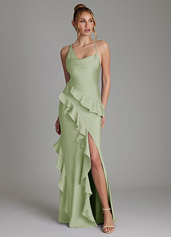 Azazie Jayda Bridesmaid Dresses Dusty Sage A-Line Ruched Stretch Satin Dress image1