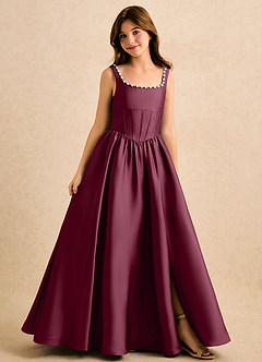 Azazie Enid Girls Formal Flower Girl Dresses Mulberry A-Line Beaded Stretch Satin Dress image1