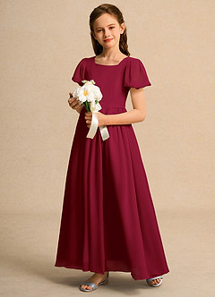 Azazie Joss Flower Girl Dresses Burgundy A-Line with Sleeves Chiffon Dress image11
