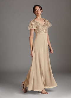 Azazie Singer Mother of the Bride Dresses Champagne A-Line V-Neck Lace Chiffon Dress image3