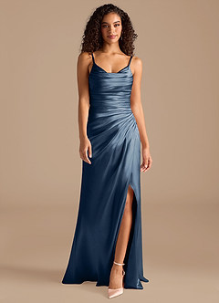 Azazie Deandra Bridesmaid Dresses Dark Navy Mermaid Pleated Metallic Satin Dress image4