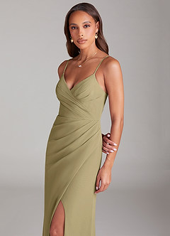 Azazie Maci Bridesmaid Dresses Moss Green Sheath Pleated Chiffon Dress image2