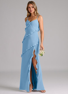 Azazie Nancie Vestidos de damas de honor Vestido Azul Pálido de Gasa de Corte Sirena con Drapeado image3