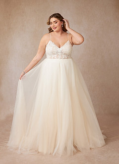 Azazie Tatiana Vestidos de novia Vestido de Blanco Diamante Champán de Tul de Corte en A con Lentejuelas cuello pico image9