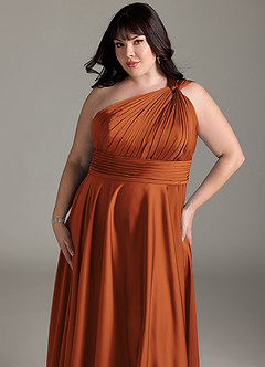 Azazie Charlize Bridesmaid Dresses Cinnamon A-Line One Shoulder Stretch Satin Dress image14