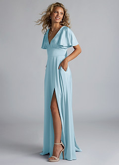 Azazie Kimber Robes de demoiselle d'honneur Robe Trapèze en Satin extensible Rayé Bleu Ciel image6