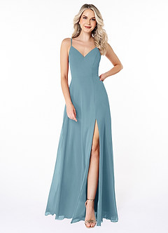 Azazie Lena Bridesmaid Dresses Moody Blue A-Line Lace Chiffon Dress image1