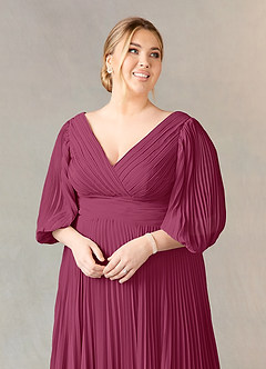 Azazie Zahara vestidos de madre de la novia Vestido de Mora de Gasa de Corte En A con Cuello en V plisado image11