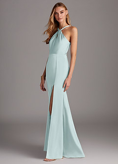Azazie Elana Bridesmaid Dresses Mist Sheath Side Slit Stretch Satin Dress image3