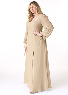 Azazie Leonia Brautjungfernkleider A-Linie Langarm Chiffon Kleid Champagner image10
