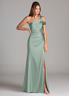 Azazie Wynter Robes de demoiselle d'honneur Robe Fourreau en Satin extensible Asymétrique Agave image4