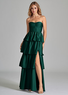Azazie Faye Vestidos de madrinha de casamento Vestido Esmeralda de Cetim elástico de Linha A com Ruched image4