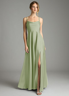 Azazie Elle Vestidos de damas de honor Vestido de Salvia Polvorienta de Satén Elástico de Corte en A con Plisado image1