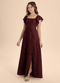 Azazie Bondi Junior Cabernet A-Line Bow Floral Burnout Dress image1