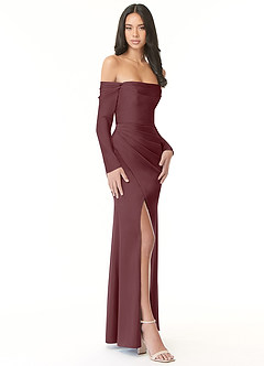 Azazie Hallie Bridesmaid Dresses Sangria Sheath Off-The-Shoulder Long Sleeve Stretch Satin Convertible Dress image5