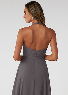 Azazie Tessie Robes de demoiselle d'honneur Robe Trapèze en Mousseline de soie Col V plissé Gris Acier image4
