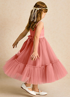 Azazie Miracle vestidos de niña de las flores Vestido Rosa Salmón de Satin Mate de Línea A con Lazo image5