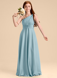 Azazie Charlize Junior Robe Trapèze en Satin extensible Plissée Bleu Maussade image6