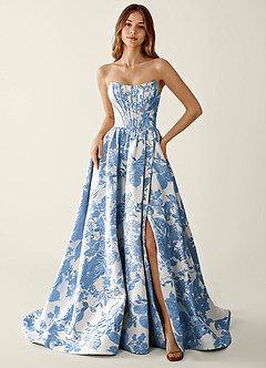 Allegra Bleu Acier Robe de bal trapèze à imprimé floral jacquard image4