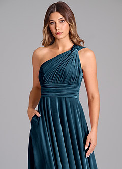 Azazie Charlize Bridesmaid Dresses Blue Topaz A-Line One Shoulder Velvet Dress image6