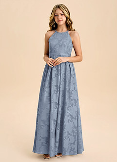 Azazie Arianthe Junior Dusty Blue A-Line Pleated Floral Burnout Dress image4