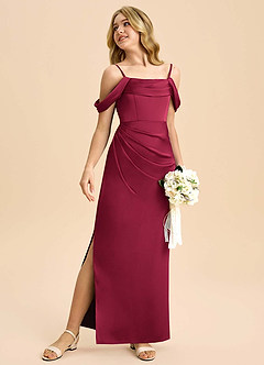 Azazie Saige Junior Robe Fourreau en Satin extensible Épaule décolletée Bourgogne image5