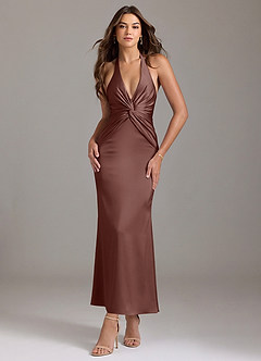 Azazie Valerie Bridesmaid Dresses Espresso Mermaid Pleated Stretch Satin Dress image1